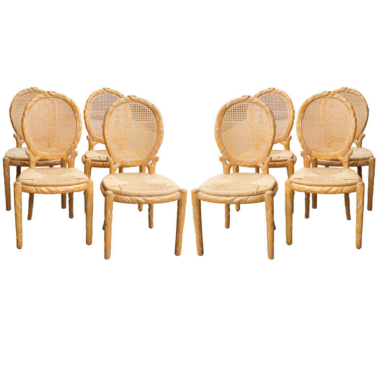 Set of 8 Vintage 1970s Carved Wood Chairs