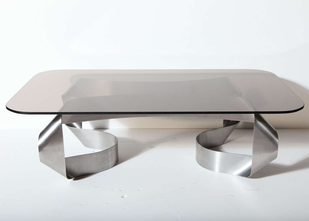 Stainless steel coffee table with a smoked glass top by Paul Le Geard