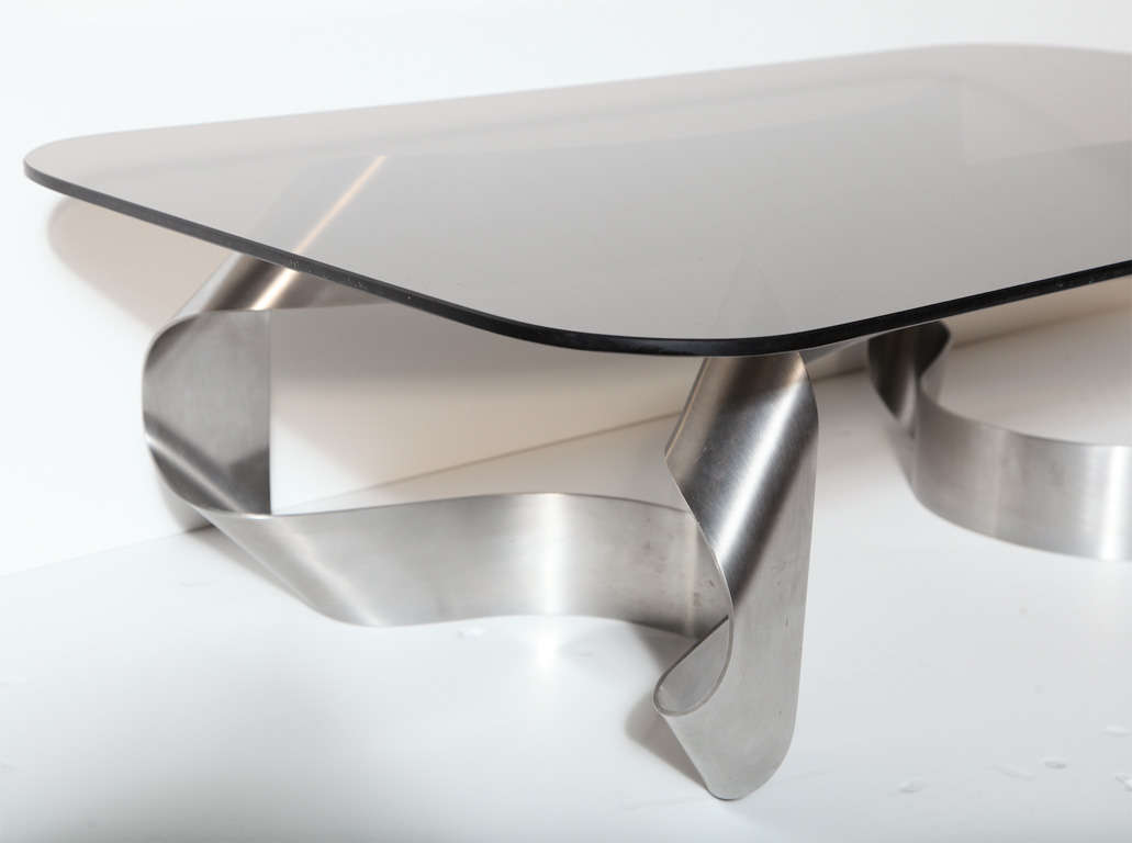 Smoked Glass Steel and Glass Coffee Table by Paul Le Geard