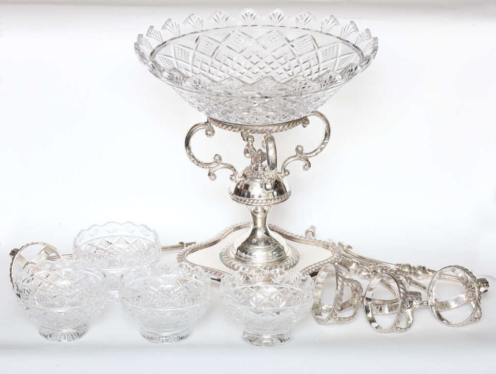 Impressive, beautiful,footed Sheffield silver-plated epergne with cut crystal bowls, England, Ca. 1850's-1860's. @13