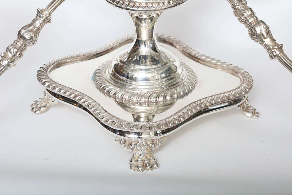 English Large Sheffield Centerpiece/ Epergne With Cut  Crystal Bowls