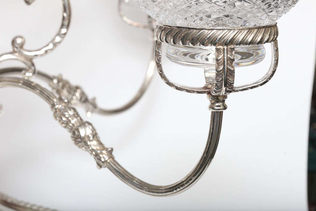 19th Century Large Sheffield Centerpiece/ Epergne With Cut  Crystal Bowls