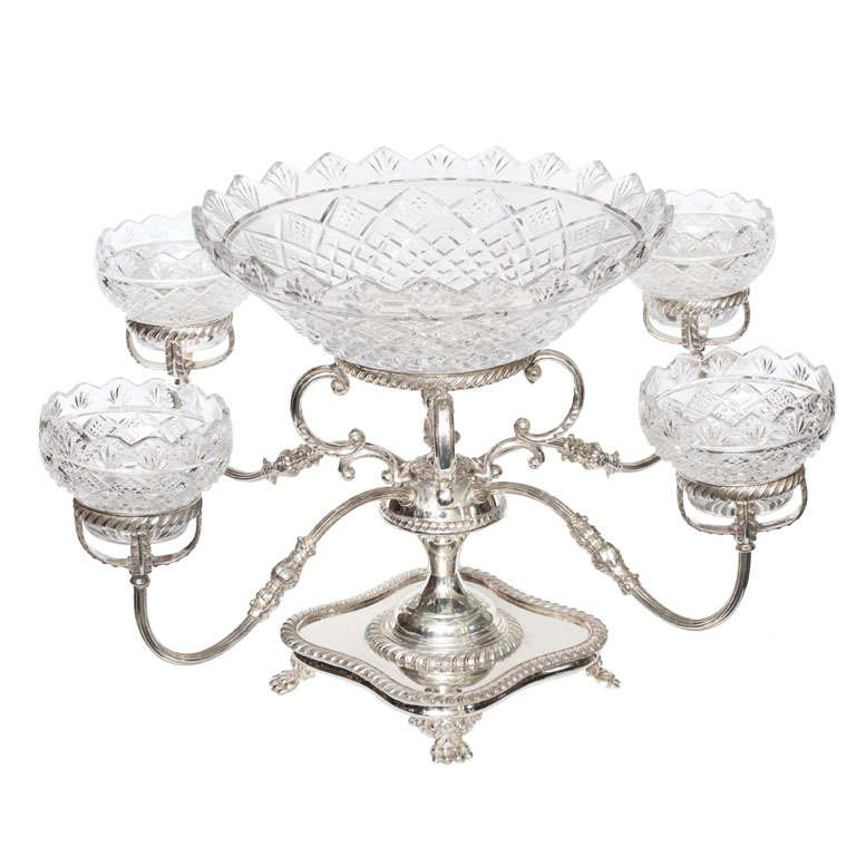Large Sheffield Centerpiece/ Epergne With Cut  Crystal Bowls