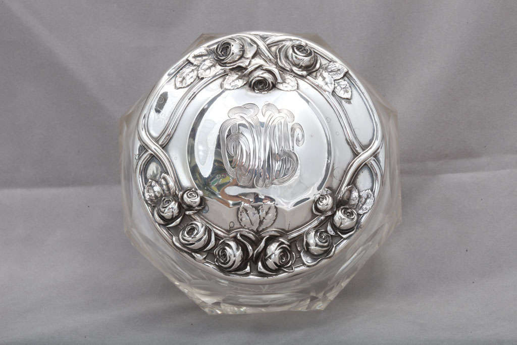 19th Century Art Nouveau Sterling Silver and Moser Etched  Crystal Powder Jar