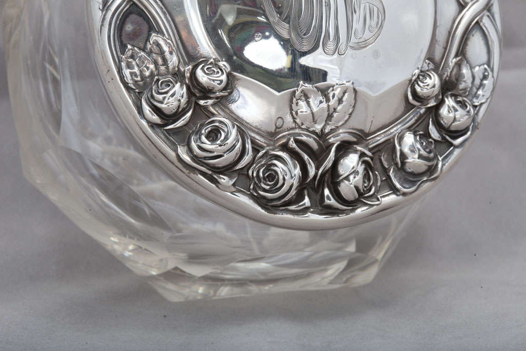 Art Nouveau Sterling Silver and Moser Etched  Crystal Powder Jar 1