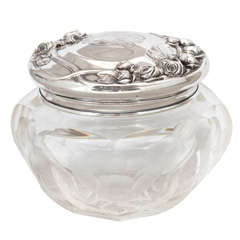 Antique Art Nouveau Sterling Silver and Moser Etched  Crystal Powder Jar