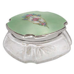 Very Large Sterling Silver, Enamel and Etched Crystal Powder Jar