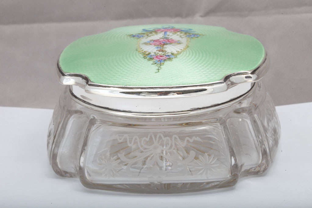 Very Large Sterling Silver, Enamel and Etched Crystal Powder Jar at 1stDibs