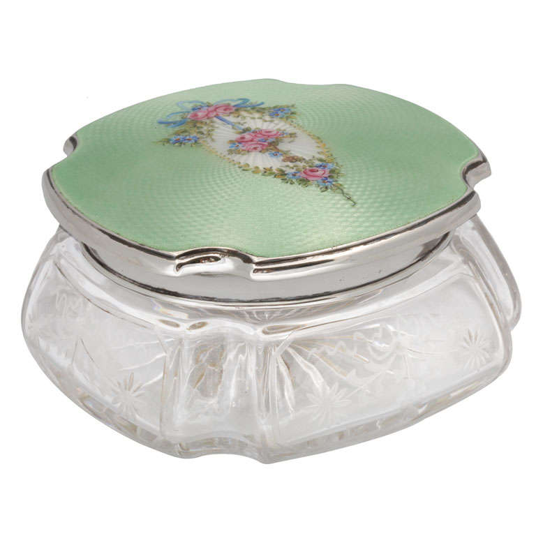 Very Large Sterling Silver, Enamel and Etched Crystal Powder Jar at 1stdibs