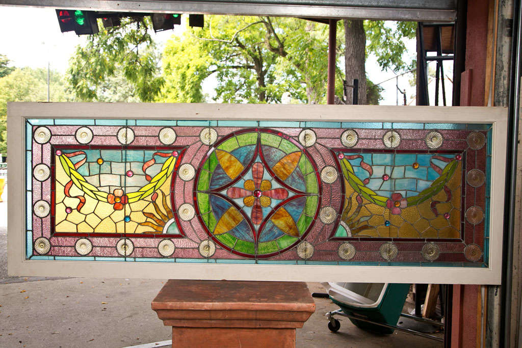 Large Antique Leaded Stained Glass Window In Good Condition In Stamford, CT