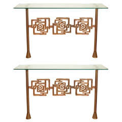 Pair Of Bronze And Glass Wall Mounted Consoles By Terrigiani