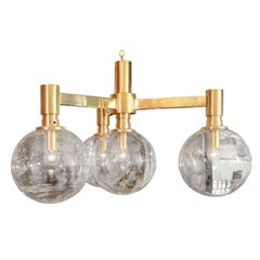 Brass Three-Arm Chandelier with Clear Glass Spherical Shades