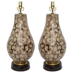 Pair of Large-Scale Mid-Century Beige/Tan Table Lamps with Brass and Black Base
