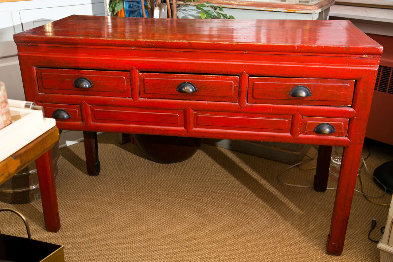 Asian Oxblood Red Solid Wood Sideboard In Good Condition In Mt Kisco, NY