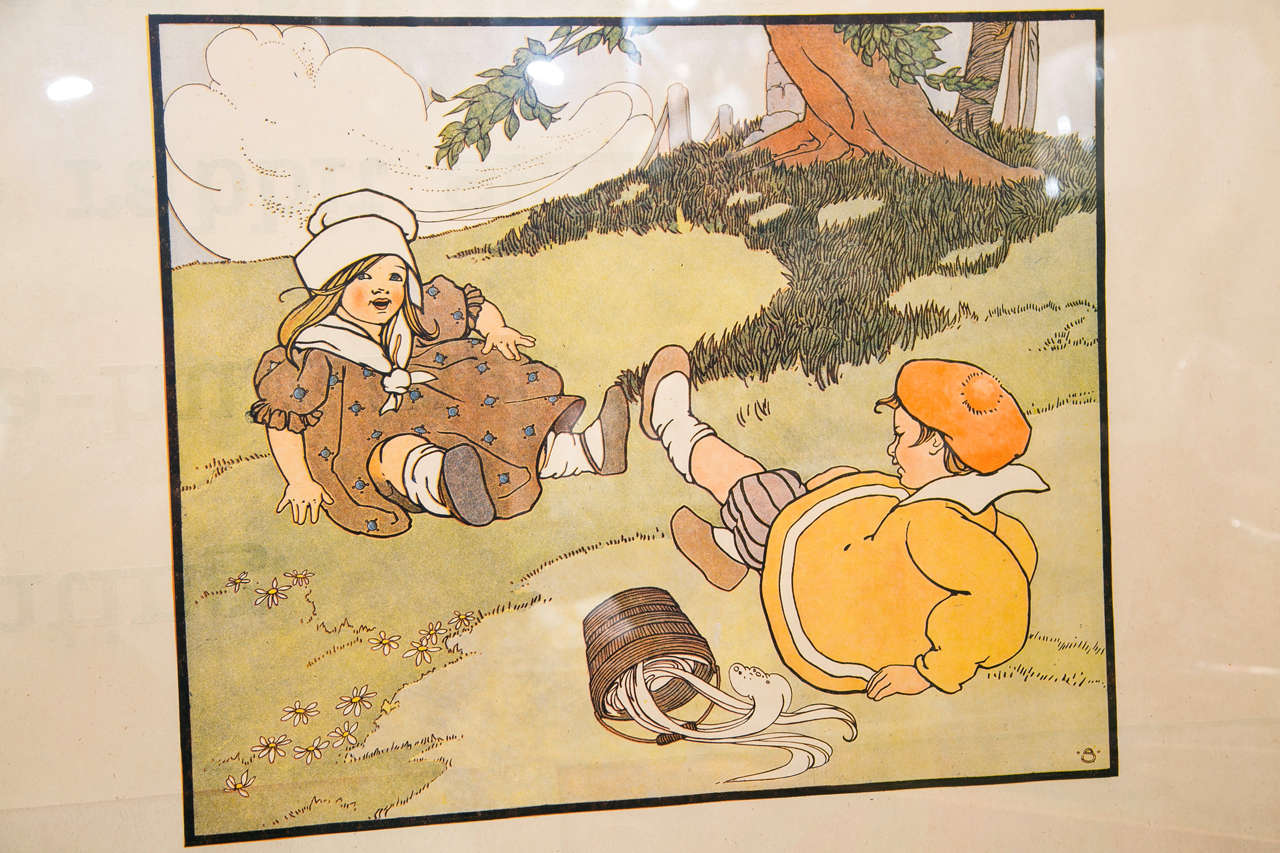 Gerahmte Original-Lithographie „Jack und Jill“ aus der Arts and Crafts-Ära der Kinderpflege, Rhyme im Zustand „Hervorragend“ im Angebot in Mt Kisco, NY