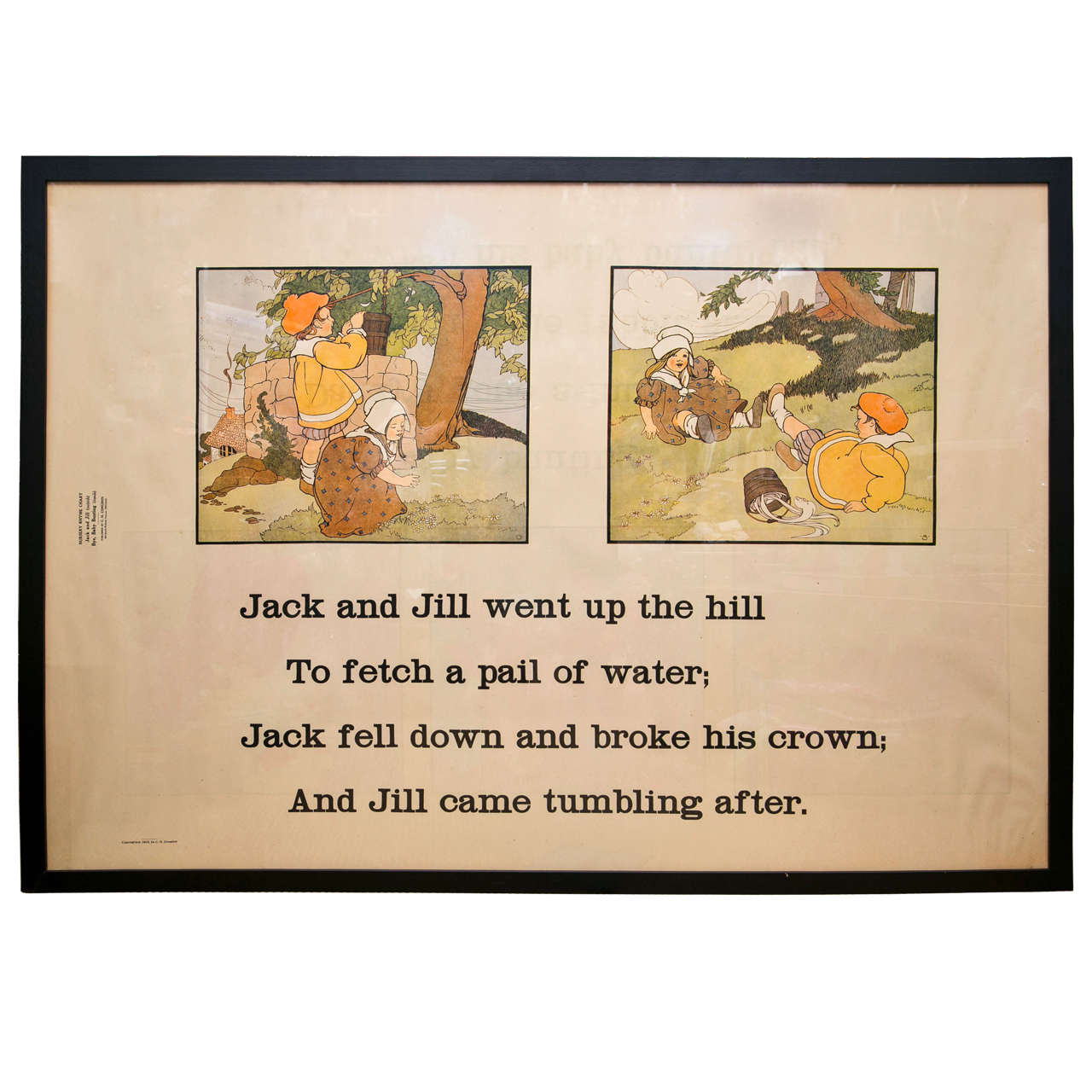 Gerahmte Original-Lithographie „Jack und Jill“ aus der Arts and Crafts-Ära der Kinderpflege, Rhyme im Angebot