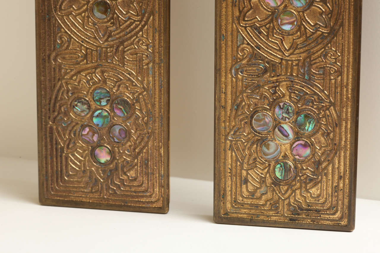 Baroque Pair of Victorian Tiffany Studios Gilt Bronze “Abalone” Blotter Ends For Sale