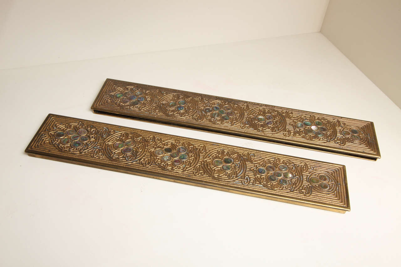 Pair of Victorian Tiffany Studios Gilt Bronze “Abalone” Blotter Ends For Sale 1