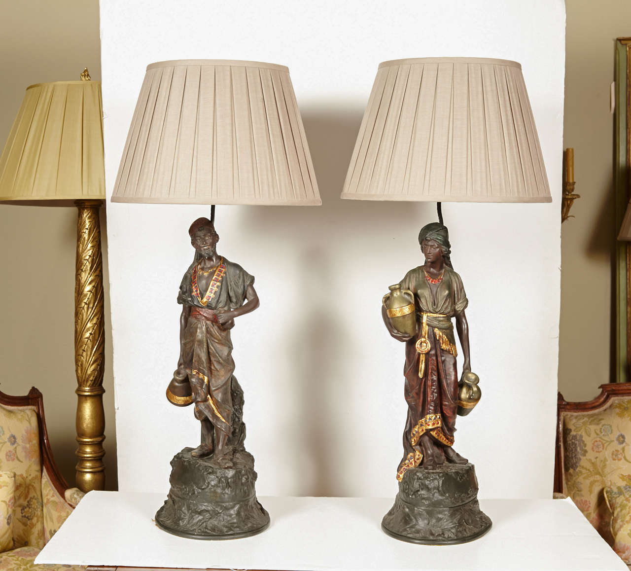 Pair of 19th century signed Italian Orientalist hand painted Arabic male and female figural lamps.