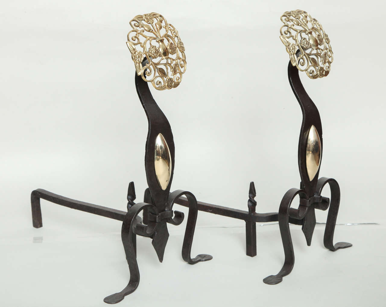 Iron Pair of Arts and Crafts Mixed Metal Andirons For Sale