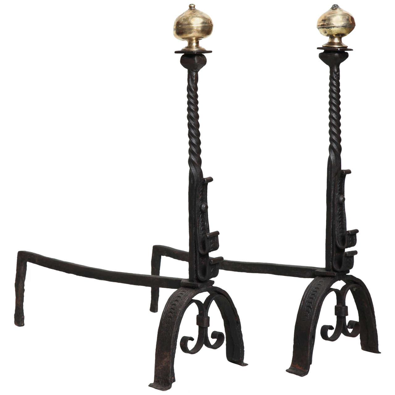 Pair of 18th Century Brass and Wrought Iron Andirons