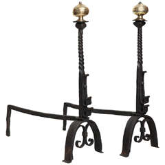 Pair of 18th Century Brass and Wrought Iron Andirons