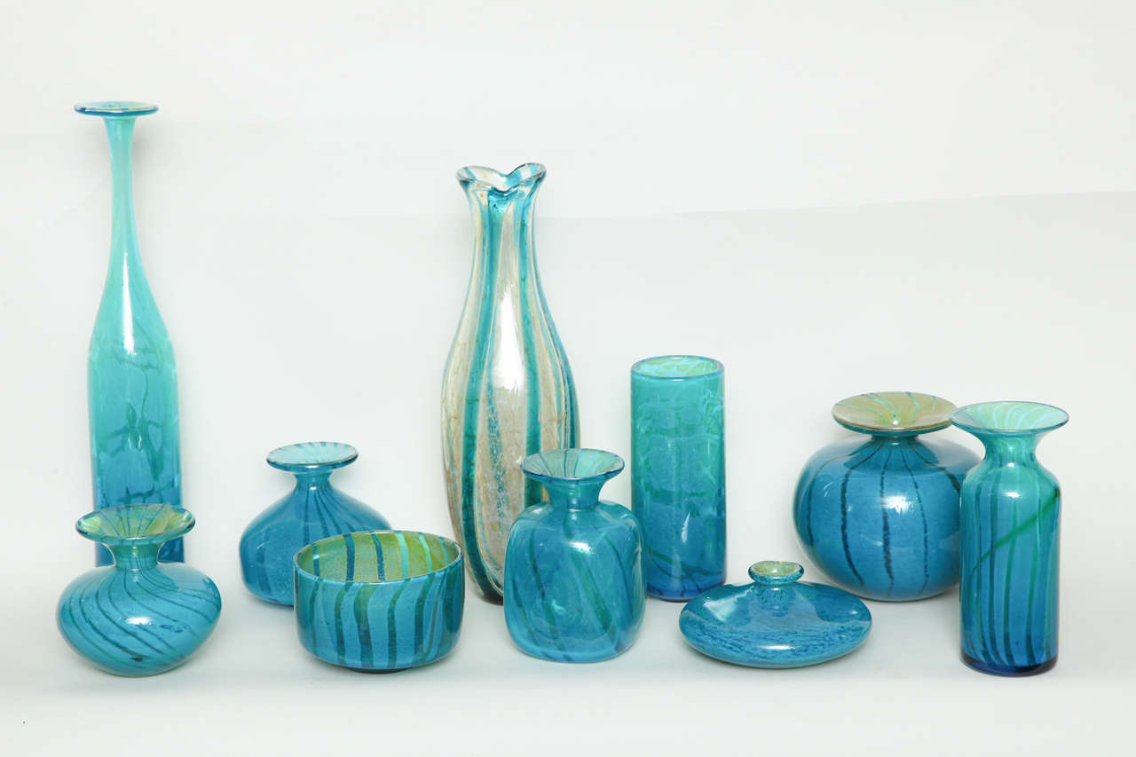 Collection of Ten Blue, Green and Gold Art Glass Vases