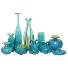 Vintage Collection of Ten Blue, Green and Gold Art Glass Vases