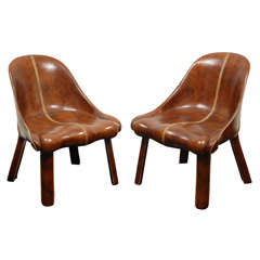 Important Pair of Leather Clad Chairs with Saddle Stitching by William Haines