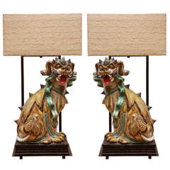 Retro Pair of Monumental Ceramic Foo Dog Lamps with Custom Shades