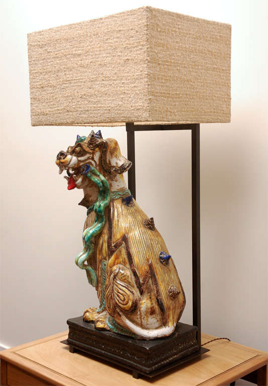 Pair of Monumental Ceramic Foo Dog Lamps with Custom Shades at 1stdibs