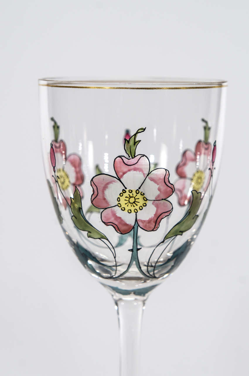 Set of 6 Hand Blown Art Nouveau Hand Painted Transparent Enamel Goblets In Excellent Condition In Great Barrington, MA