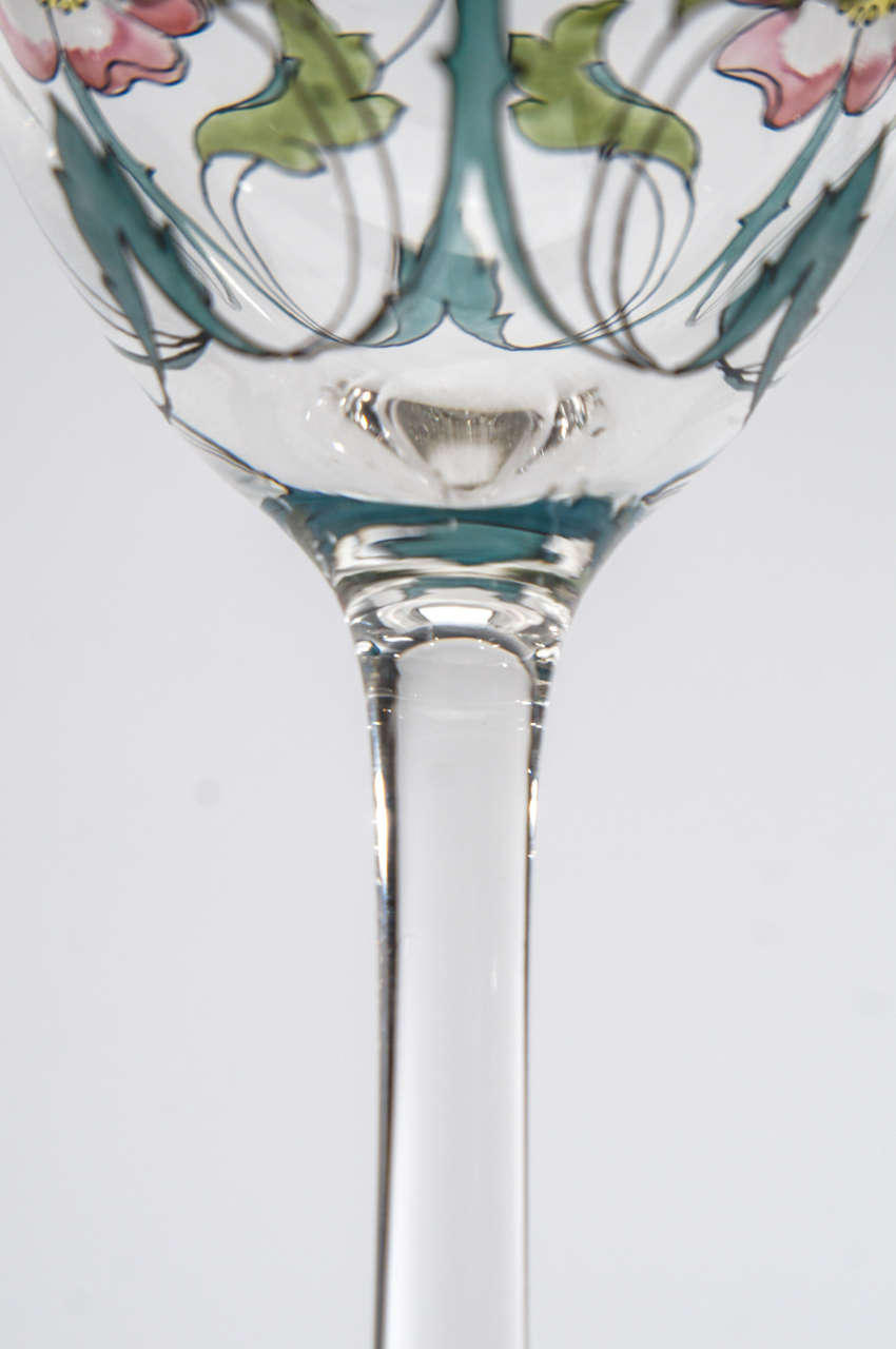 Crystal Set of 6 Hand Blown Art Nouveau Hand Painted Transparent Enamel Goblets