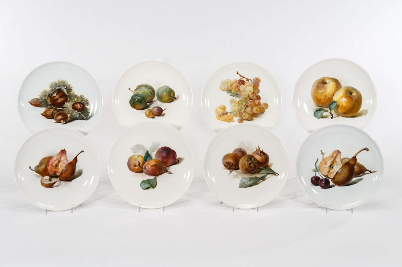 A set of 8 KPM plates hand painted and signed by the master artist Paul Miethe (1864-1914)  who worked at KPM from 1894-1914. He was famous for his realistic and romantic painting of flora and fauna and the impasto enamels create a canvas that you