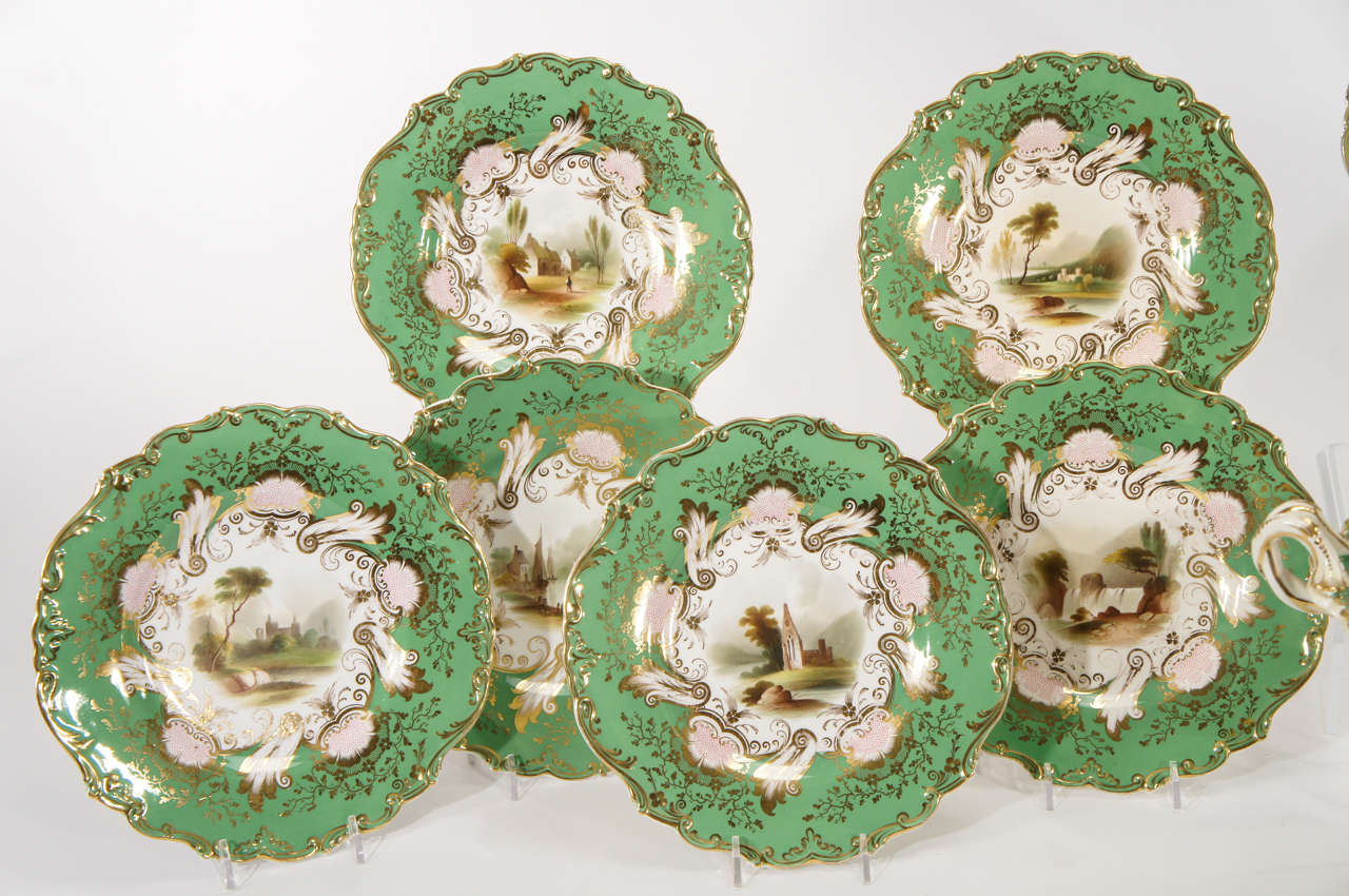 British 16 pc. Early 19th C. English Apple Green Hand Painted Dessert Service