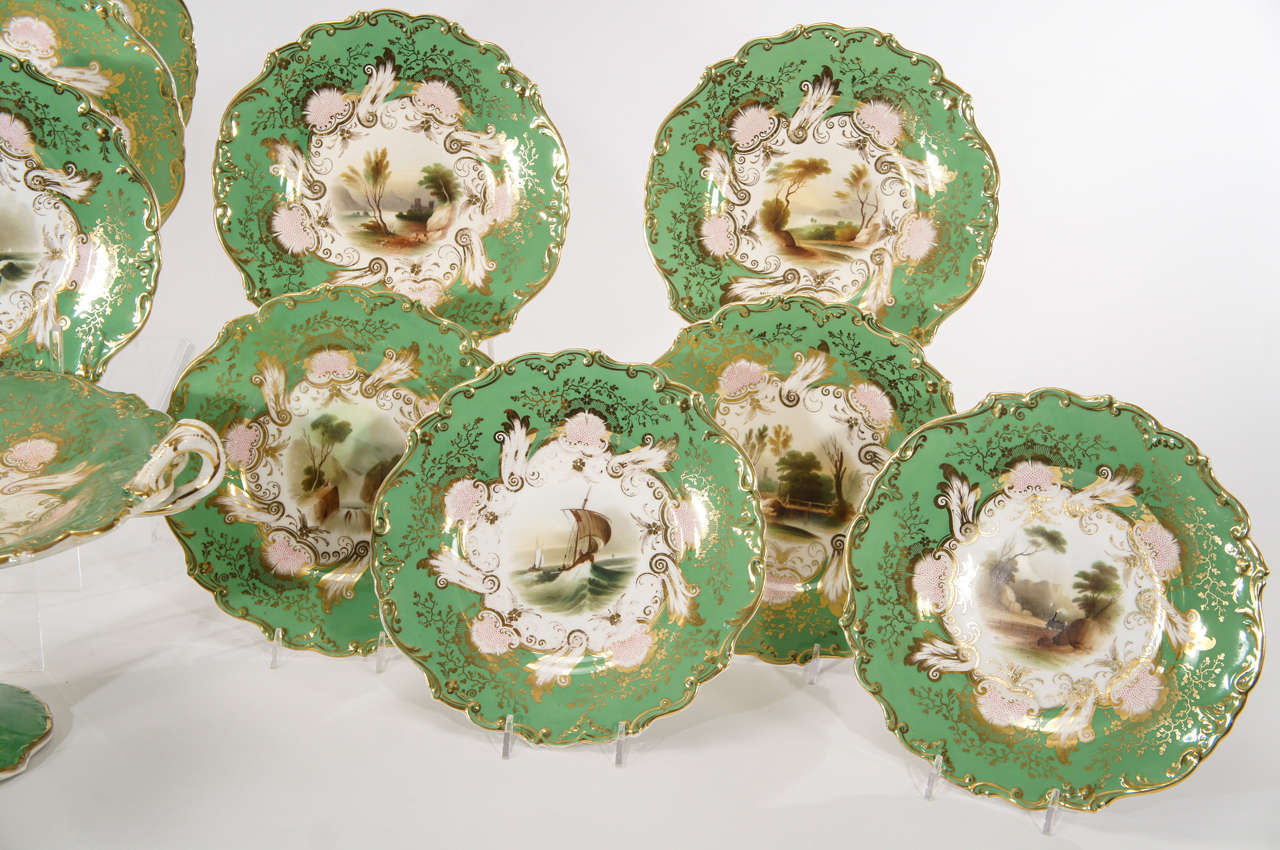 16 pc. Early 19th C. English Apple Green Hand Painted Dessert Service In Good Condition In Great Barrington, MA