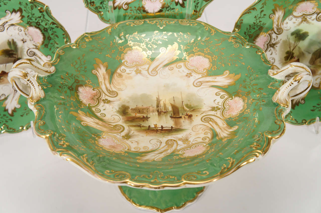 19th Century 16 pc. Early 19th C. English Apple Green Hand Painted Dessert Service
