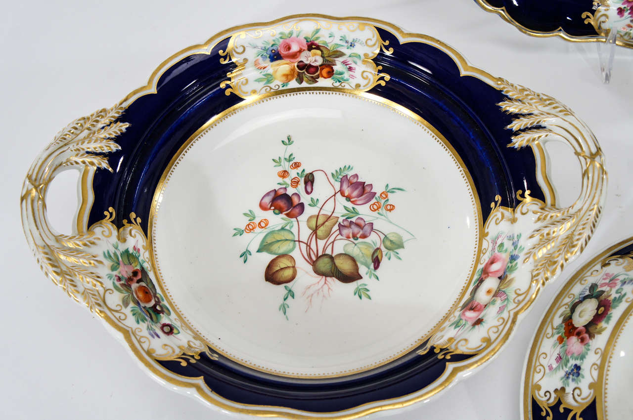 Chamberlain's Worcester Hand Painted Botanical Serving Pieces In Excellent Condition In Great Barrington, MA