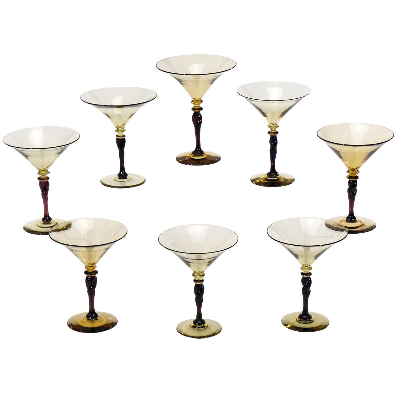 Set of 8 Signed Steuben Art Deco Amethyst & Topaz Handblown Martini Goblets