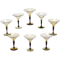 Set of 8 Signed Steuben Art Deco Amethyst & Topaz Handblown Martini Goblets