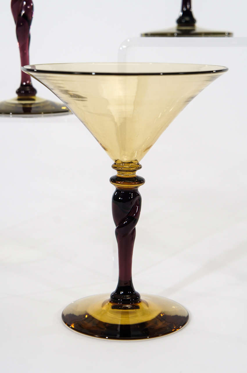 American Set of 8 Signed Steuben Art Deco Amethyst & Topaz Handblown Martini Goblets