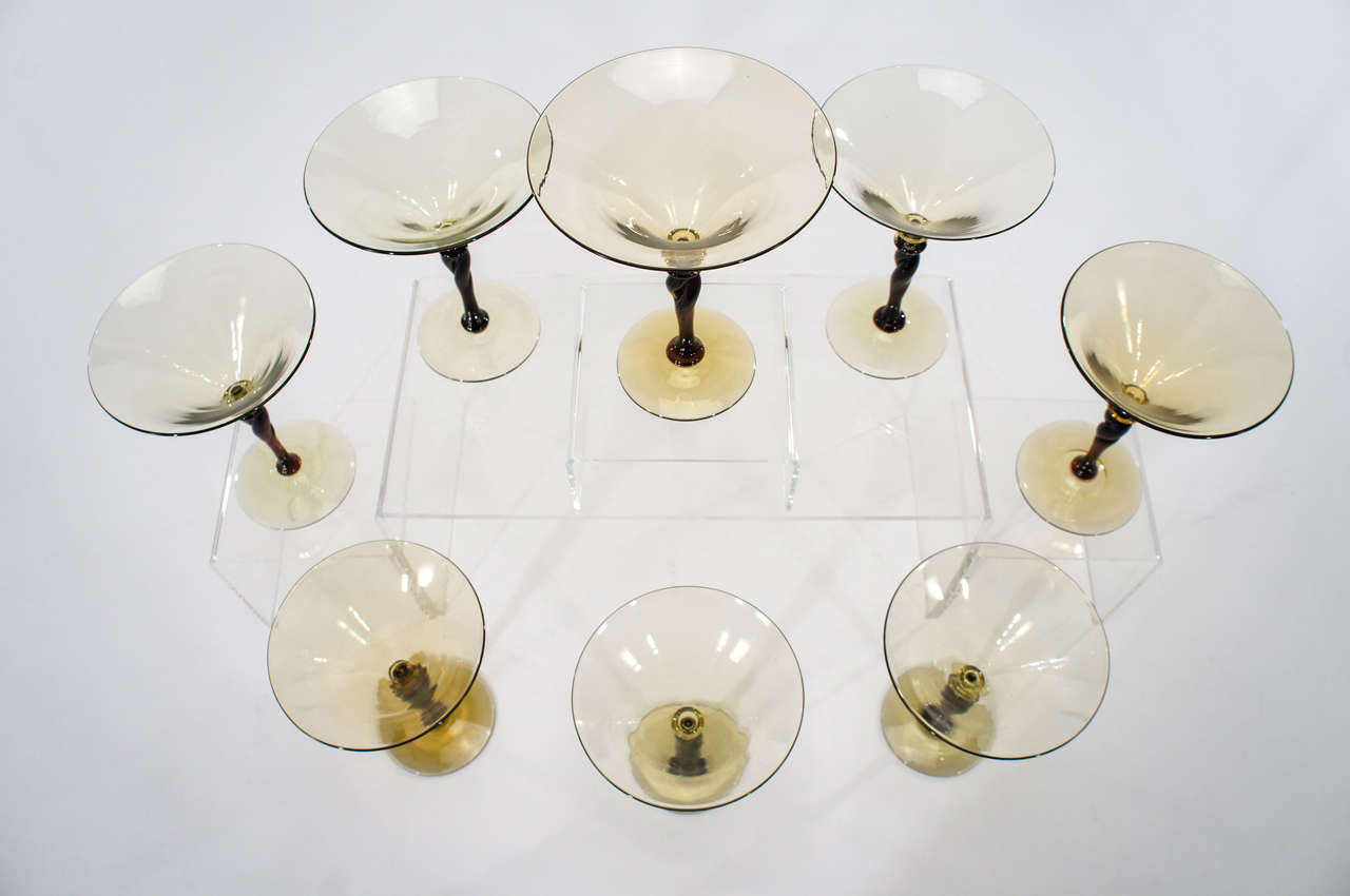 Crystal Set of 8 Signed Steuben Art Deco Amethyst & Topaz Handblown Martini Goblets