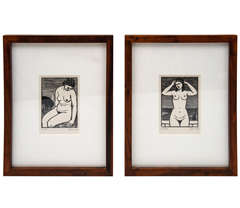 Two French Art Deco Woodblock Prints of Nude Women