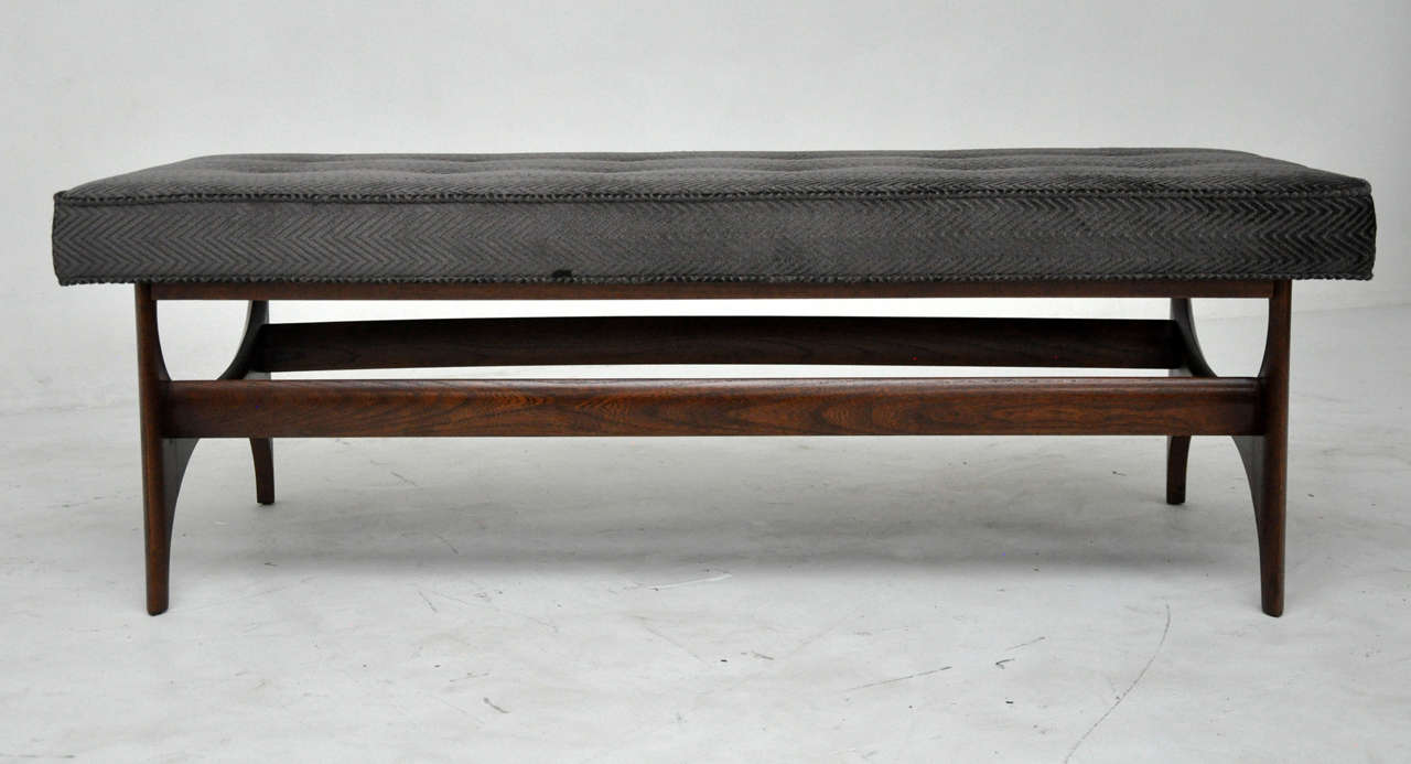 Mid-century sculptural bench.  Fully restored.  Walnut finish with new textured velvet upholstery.