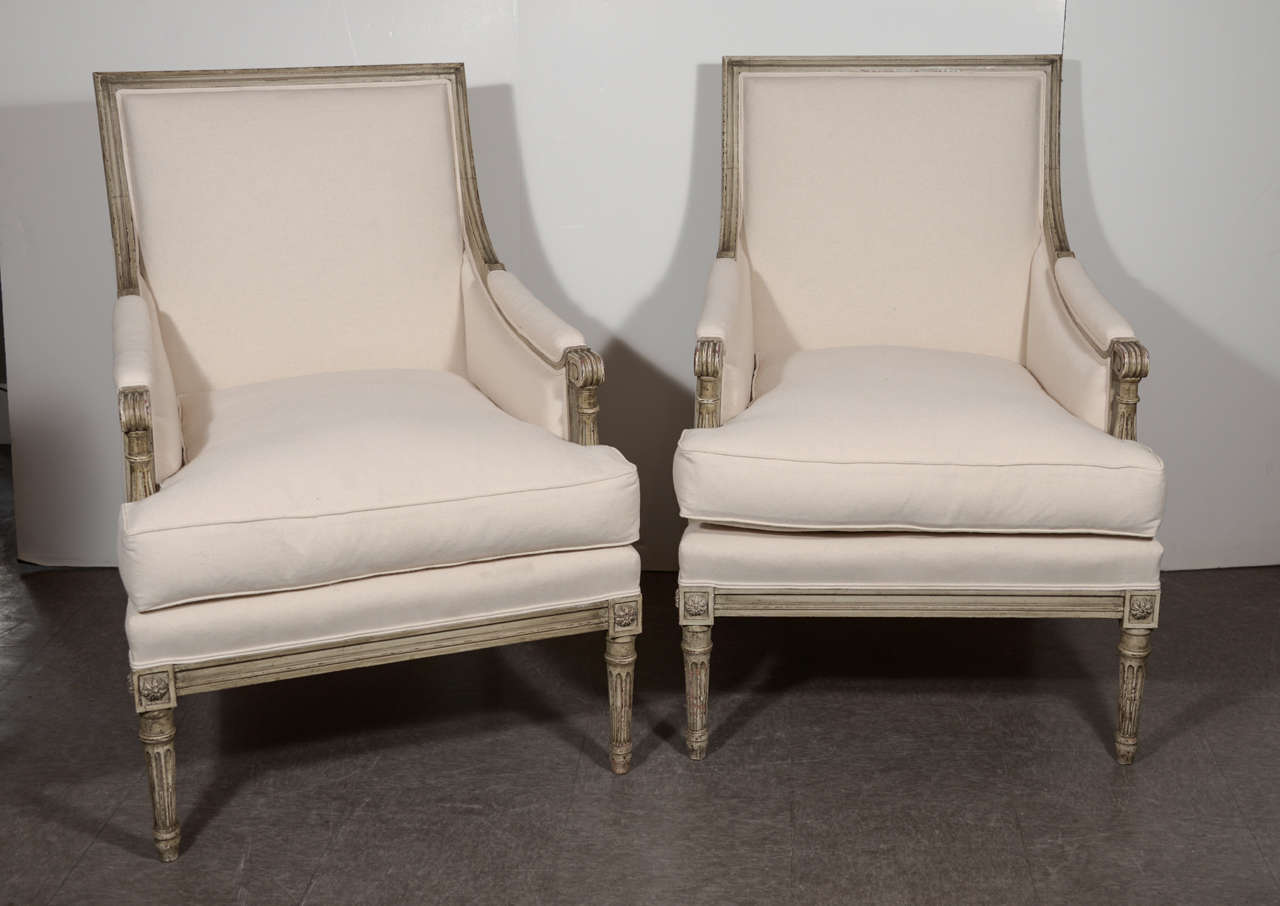 Comfortable armchairs in the style of Louis XVI, with new upholstery and down-filled seat cushions.  Scandinavian, circa 1890.  

(Paint is similar in color to Farrow & Ball 