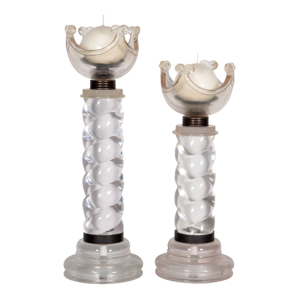 French Art Deco Solid Lucite Spiral Candlesticks For Sale at 1stdibs