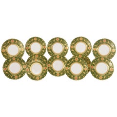 Set of 12 Coalport Green Dessert Plates w/ Neoclassical Raised Gold Medallions