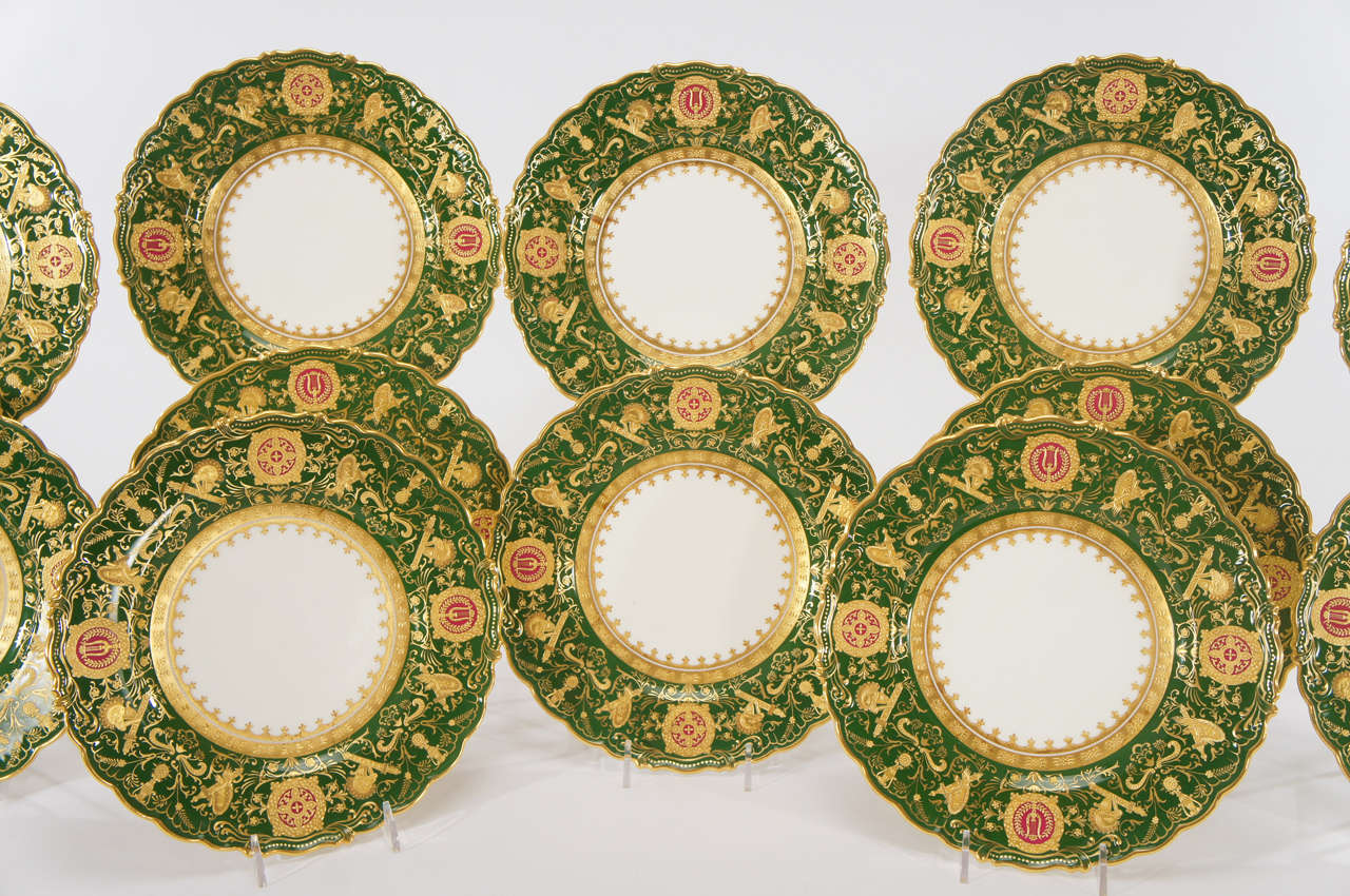 English Set of 12 Coalport Green Dessert Plates w/ Neoclassical Raised Gold Medallions