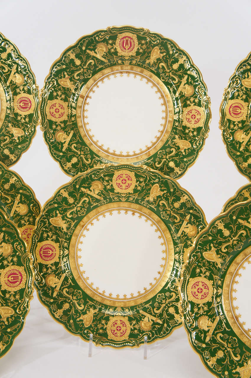 Gilt Set of 12 Coalport Green Dessert Plates w/ Neoclassical Raised Gold Medallions