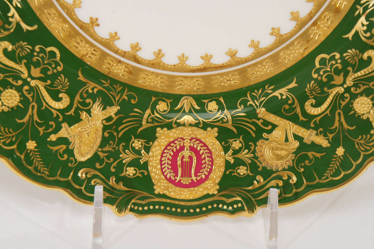 20th Century Set of 12 Coalport Green Dessert Plates w/ Neoclassical Raised Gold Medallions